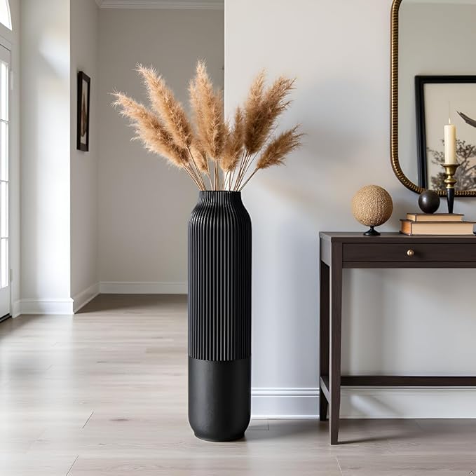 Tall Floor Vase, 23.6 inches (60cm) Tall Vases Sturdy, Luxury, Textured for Decorative Branches Dried Flowers, Floor Vase for Rustic, Living Room, Shelf Decor, Resin Black