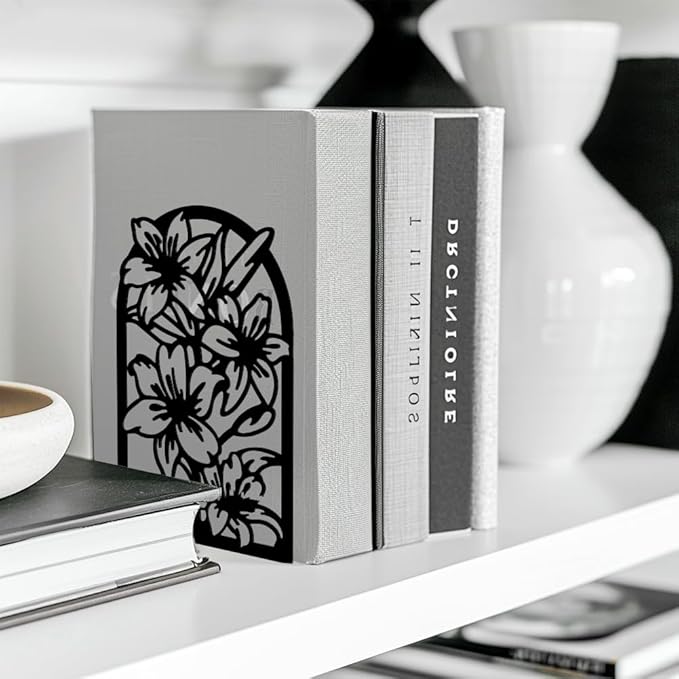 Peacoblue Metal Bookends for Shelves, Modern Decorative Heavy Duty Study Book Support Stoppers for Office, Desk, Shelf, Room 5.3"x4.3"x7.9" Cast Iron Simple Tall Bookends, 1 Pair (Lily Flower)