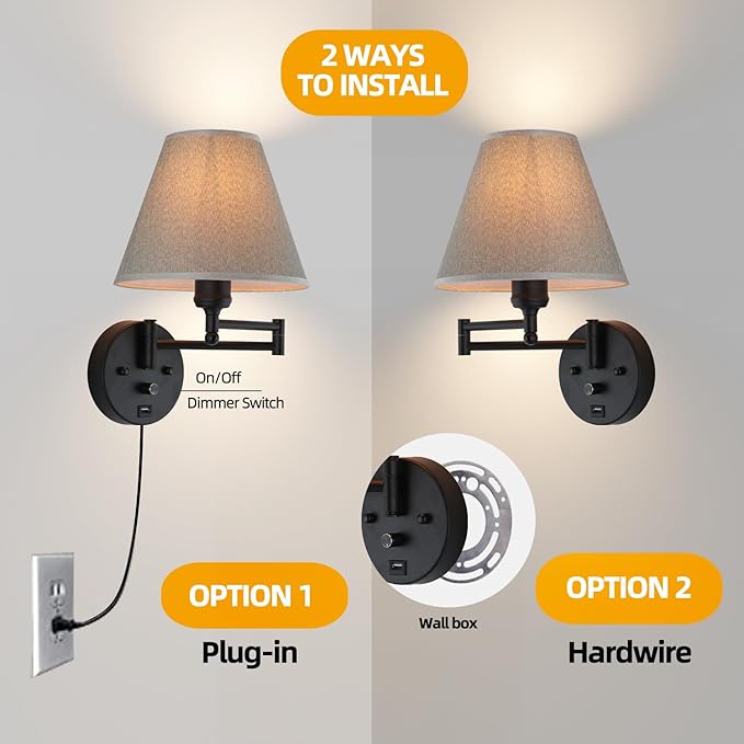 Swing Arm Wall Lamp.Wall Mount lamp with Dimmable Switch.Plug in Wall Sconces with USB Charging Port. Black Sconces Wall Lighting Suitable for Bedroom,Living Room.