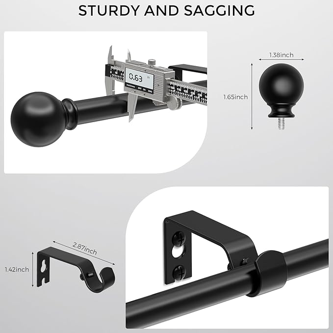 Curtain Rod for Windows 18-45 Inch, Black 5/8 Inch Small Window Treatment Rods, Short Adjustable Splicing Drapery pole, Matte Black