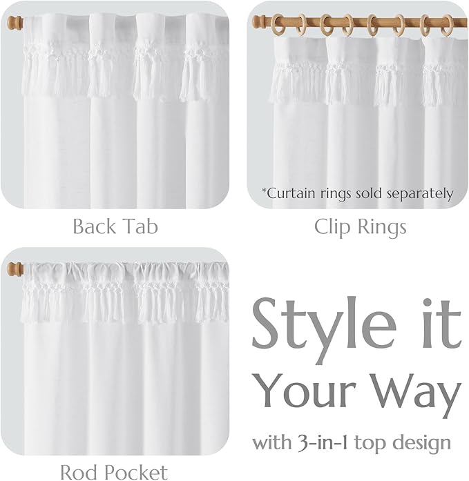 jinchan Linen Curtains for Living Room Bedroom Light Filtering Semi Sheer Curtains Boho Farmhouse French Country Cottage Core Decor Window Drapes Back Tab 90 Inch Length Tassel Off White