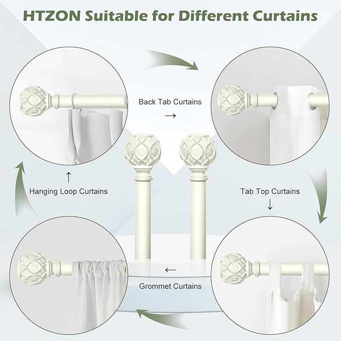 White Curtain Rods for Windows:Farmhouse Boho Decorative Curtain Rod for Bedroom Living Room,Heavy Duty Adjustable Rustic Drapery Rods with Vintage Coastal Texture Finials,Antique White 66-120"