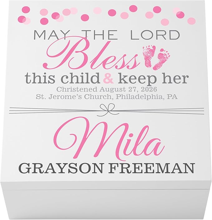 Let's Make Memories Personalized Keepsake Box for Blessed Child - Memories Box - Baptism - Confirmation - Memento Storage - For Girls - 6" Hx12 Sq - May the Lord Bless - Pink
