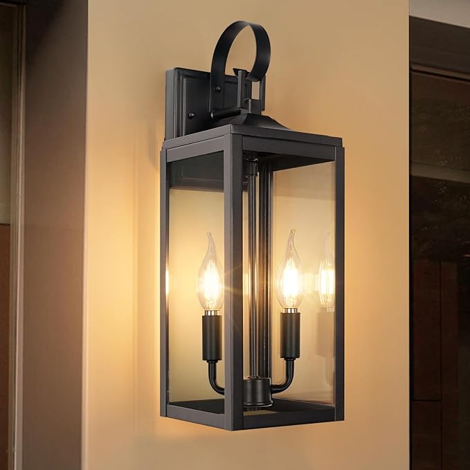 OKELI 17.6" Black Outdoor Wall Light Fixture, Large Exterior Porch Lighting 2-Light Farmhouse Outside Lantern Lights with Clear Glass Waterproof Wall Sconces Lamp for House Garage