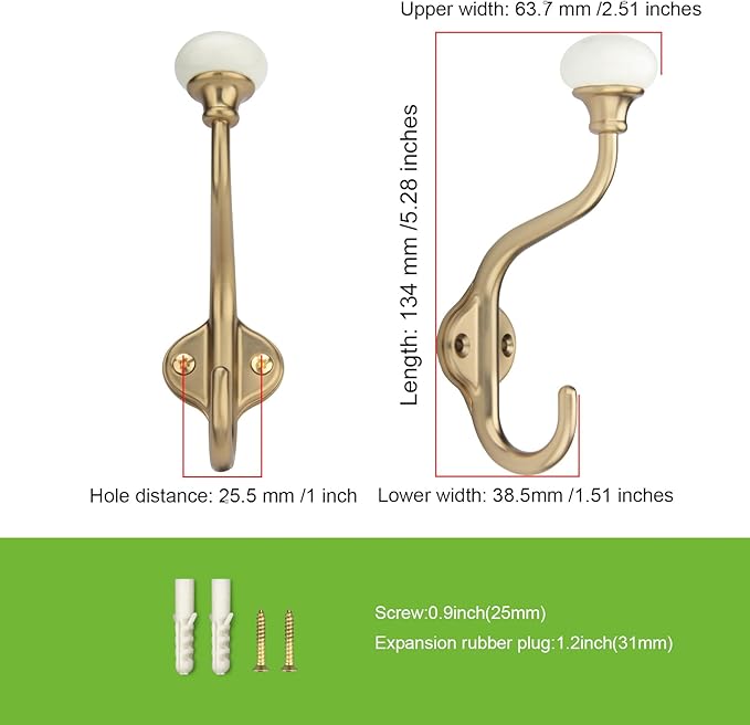 CHIVS Coat Hooks- 5 Pack Antique Brass Wall Hooks, Ceramic Coat Hooks, Decorative Wall Mounted Towel Hanger, zinc Double Prong Hook for Hanging Clothes, Keys, Hats, Backpacks