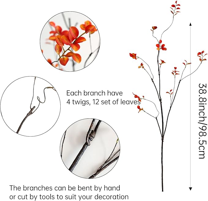 3Pcs 38.8" Faux Fall Plant Stems and Branches for Vase,Artificial Tree Branches and Twigs for Decoration (Orange Leaves & Brown Stem)