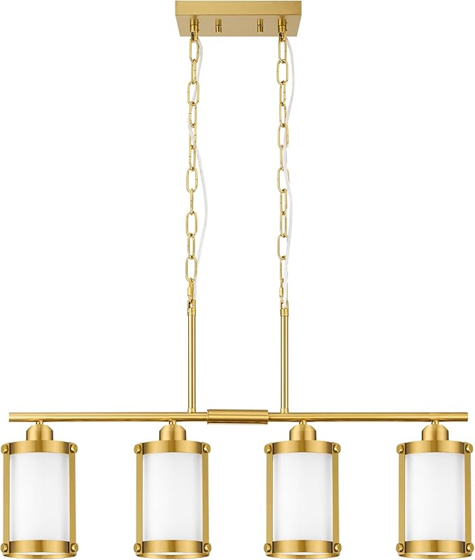 4-Light Kitchen Island Lighting, Brushed Gold Linear Dining Room Light Fixtures with Frosted Glass, Modern Mid Century Chandelier Pendant Light for Kitchen Island Dining Room, OS-3014-4ISBGW