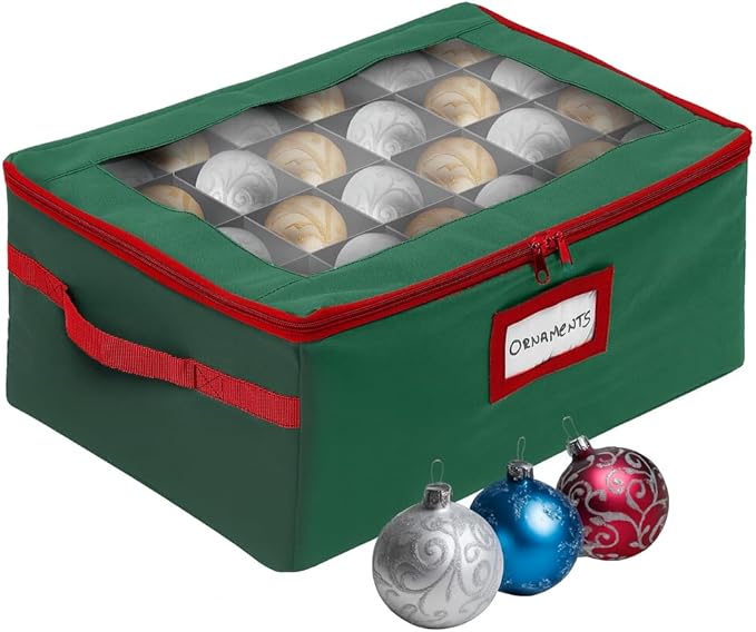HOLDN’ STORAGE Christmas Ornament Storage Box with Dividers - Fits 48-3” Ornaments, 2 Removable Trays, Durable & Space-Saving, Clear Top Lid, Fits Underbed, Green