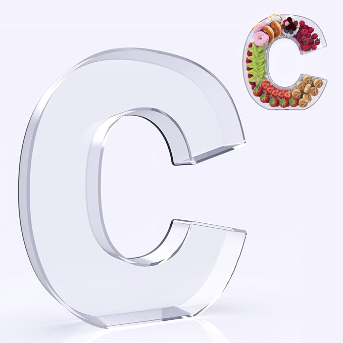 11" Acrylic Letter Charcuterie Box, Reusable Fillable Alphabet Number Shaped Form Tray for Birthday Anniversaries, Party Decorative Serving Plates Display Candy Cake (C)