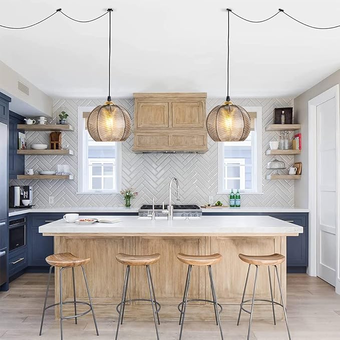 Plug in Glass Pendant Light Mid-Century Modern Striped Grey Glass Hanging Ceiling Lighting Fixture with 14.7FT Cord, Globe Decor Chandelier For Living Room, Bedroom, Dining Hall, Kitchen (Smoke Grey)