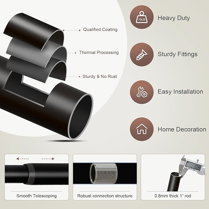 Modern Black Curtain Rods for Windows 72 to 144 Inches Adjustable Length Heavy Duty 1" Diameter Window Curtain Rod with Decorative Finials for Outdoor Farmhouse Bedroom Kitchen Living Room