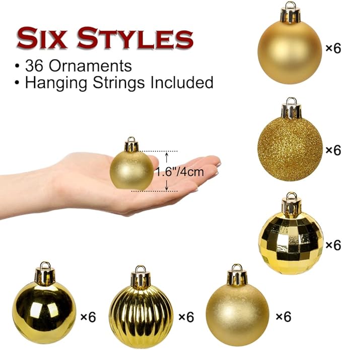 1.57" Gold Christmas Ornaments for Christmas Tree 36 Pcs Mini Shatterproof Balls Christmas Tree Decorations Small Xmas Ornaments Balls with Hanging Loop for Wedding Holiday Party Wreath Home Decor