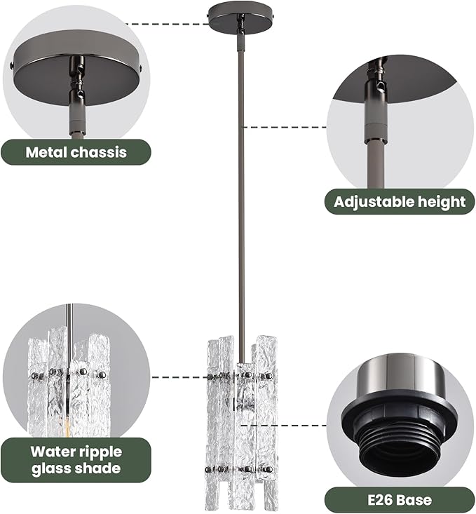 Modern Pearl Black Crystal Pendant Light for Kitchen Island, Luxury Mini Water Ripple Glass Chandelier Fixture, Square Adjustable Hanging Pendant Lighting for Dining Room Bedroom Hallway (1-Pack)
