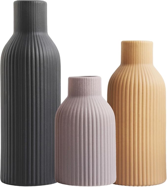 Ceramic Vase Set of 3 - Handcrafted Ceramic Vases for Home Decor & Shelf - Modern Farmhouse Decor for Kitchen, Office, Bedroom & Living Room Decorative Objects for Mantel, Table Centerpieces