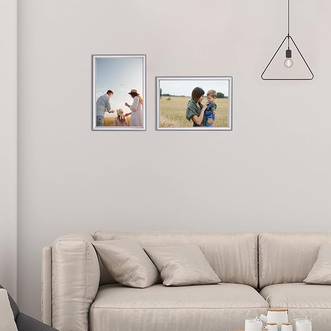 5x7 Picture Frame Set of 2, Silver Brushed Modern Simple Thin Aluminum Metal Photo Frame with HD Real Glass, Display for Tabletop and Wall Collage, 2 Pack