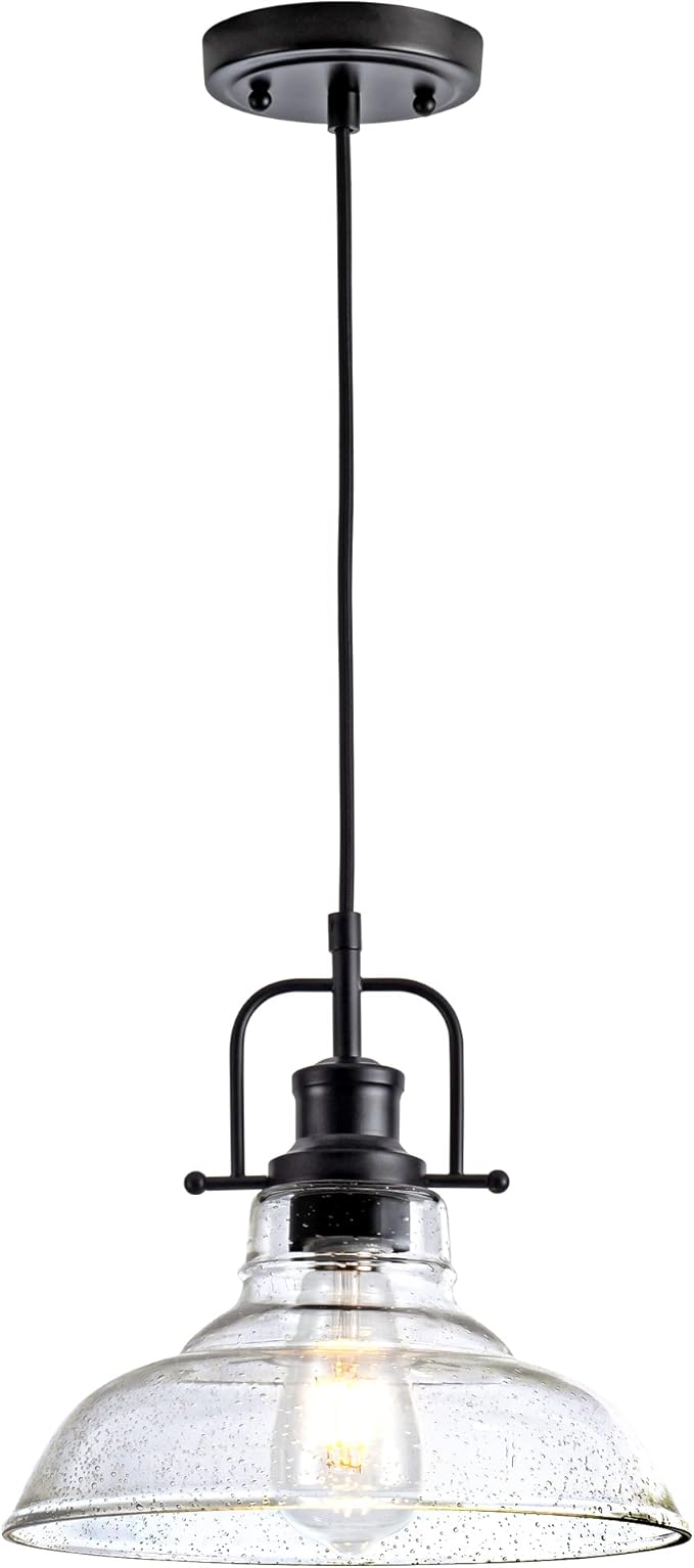 Glass Pendant Light，Black Pendant Light Fixtures with Seeded Glass Shade, Adjustable Height Hanging Lights for Hallway, Kitchen Island, Dinning Room（Bulb not Included）