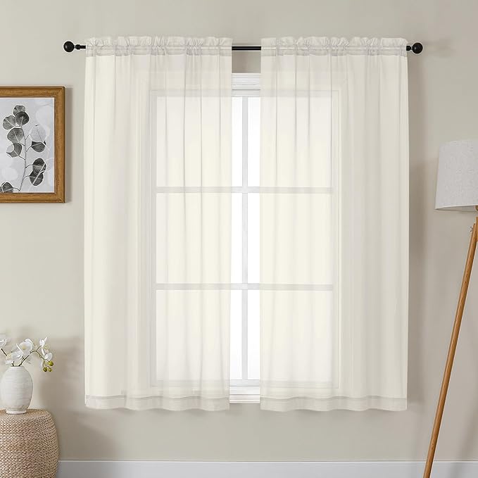 Gwine Ivory Sheer Curtains 63 Inch Length for Living Room 2 Panels, Light Filtering Rod Pocket Window Curtain Treatment for Bedroom, Voile Elegant Sheer Drapes，Each 42" Wx63 L, Ivory