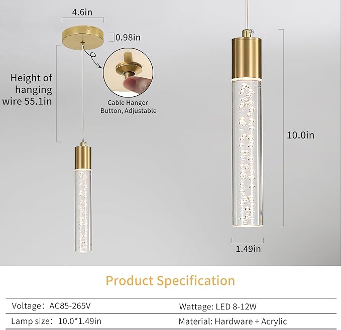 Modern Kitchen Island Hanging Light, Gold LED Pendant Lights Fixture, Bubble Acrylic, 3 Color Temperatures, Mini Ceiling Chandelier Lighting for Dining Room, Bedroom, Foyer Entrance, Cafe