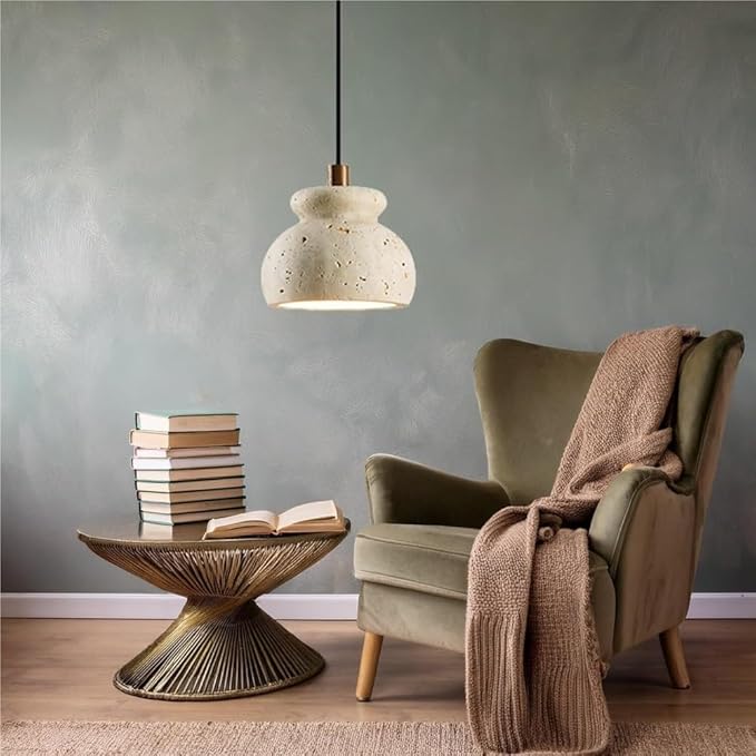 Modern Natural Travertine Stone Pendant Light Minimalist Solid Wood Pendant Lamp Adjustable Cord Hanging Lamp for Bedside Dining Kitchen Cafe Bar Decorative Fixture