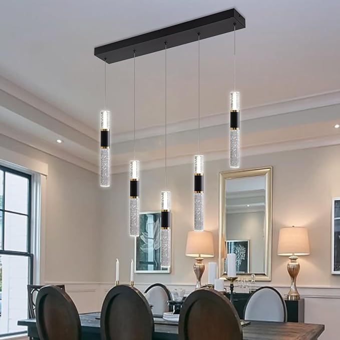 5-Lights Led Chandelier, Black and Gold Crystal Modern Led Chandelier for Dining Room, Luxury Dimmable Enterway Led Pendant Lights Fixture with Remote Control Flush Mount