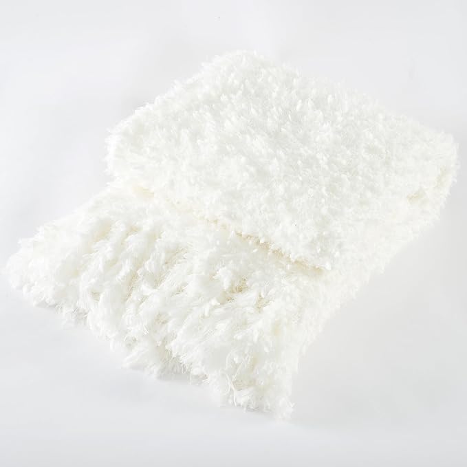 Winter Knit Throw Blanket Fluffy Fuzzy Soft Lightweight Cozy Farmhouse Tassels Chunky Knitted Throws for Couch Sofa Bed (White, 60"x80")