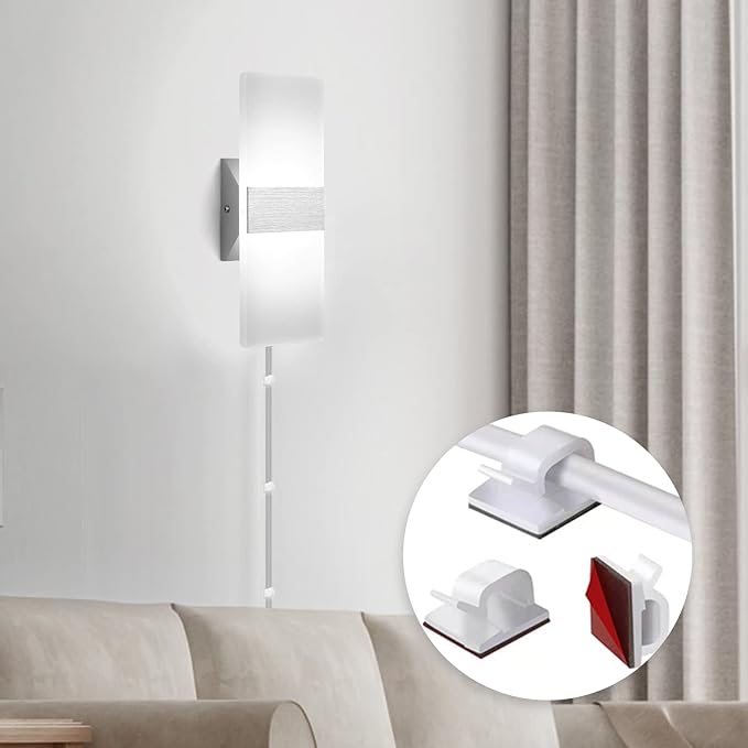 Plug in Wall Sconces with Stepless Adjustable 3000K-6500K Colors and 10%-100% Brightness, Sconces Wall Lighting with Remote Control 12W Acrylic LED Wall Lamp with 6FT Plug in Cord, 2 Pack