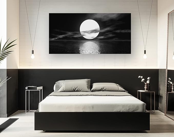Cao Gen Decor Art S06475 Wall Art Canvas Sea White Full Moon in Night Picture Canvas Poster Print Black and White Ocean for Living Room Bedroom Kitchen Home Decorations Framed Artwork