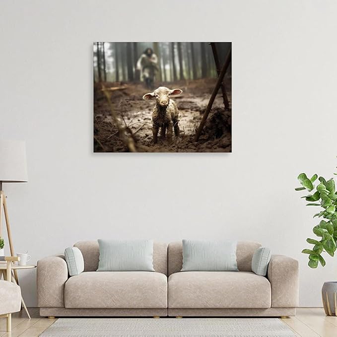 Jesus and Lamb Canvas Wall Art Jesus Running After Lost Lamb Picture Wall Art Canvas Print Christian Home Decor 30x24 inch (Landscape)