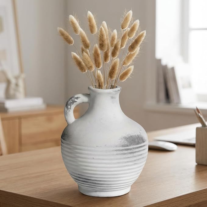 Rustic Farmhouse Vase, Ceramic Terracotta Vase with Handle, 6 inch Pottery Decorative Flower Vases for Home Decor, Table, Living Room, Bathroom, Shelf, Mantel Decor Grey