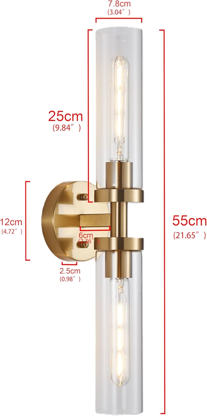 AT-VALY Wall Sconces Set of Two,Vanity Light Fixtures with Clear Glass,Modern Sconces Wall Decor for Bathroom, Living Room Mirror (Brushed Brass)