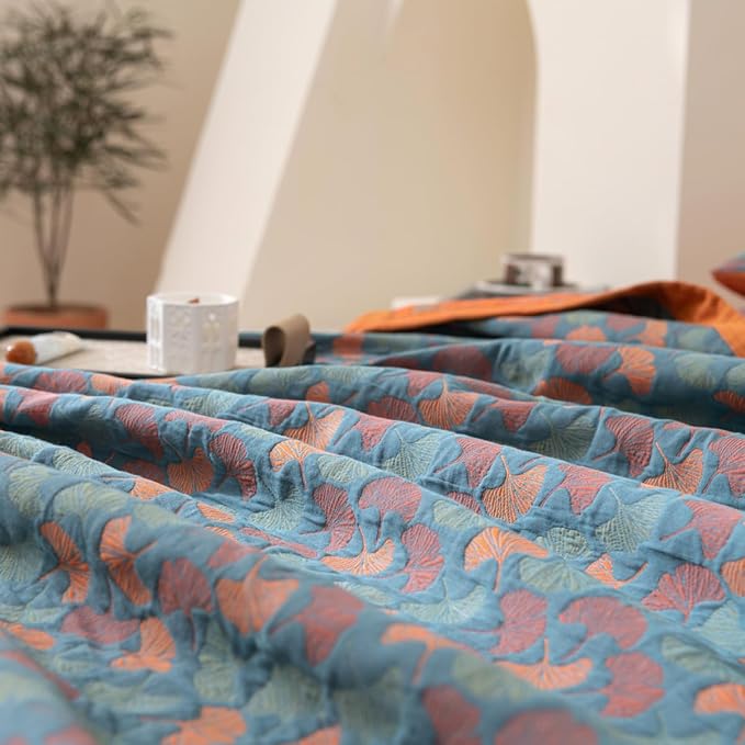 100% Cotton Muslin Blanket Jacquard Floral Ginkgo Leaves Print Quilt, Soft Bed Cover 3 Layers Reversible Bedspread Coverlet Breathable Lightweight Bedding Twin(59"x94"), No Pillow Sham