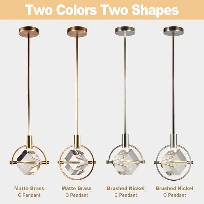 Brass Pendant Light, Cube Crystal Pendant Light Fixture for Kitchen Island, Modern Small Pendant Ceiling Dimmable Light for Dining Room, Vanity Pendant Haging Light for Bedroom