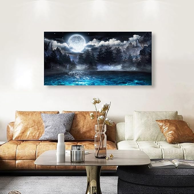 Moon Ocean Pictures Canvas Wall Art for Living room Office Bedroom Wall Decor,Ocean Wall Art Print Paintings Modern Mystery Cloud Forest Blue Lake Artwork Waterproof Ready to Hang-24X48 inch