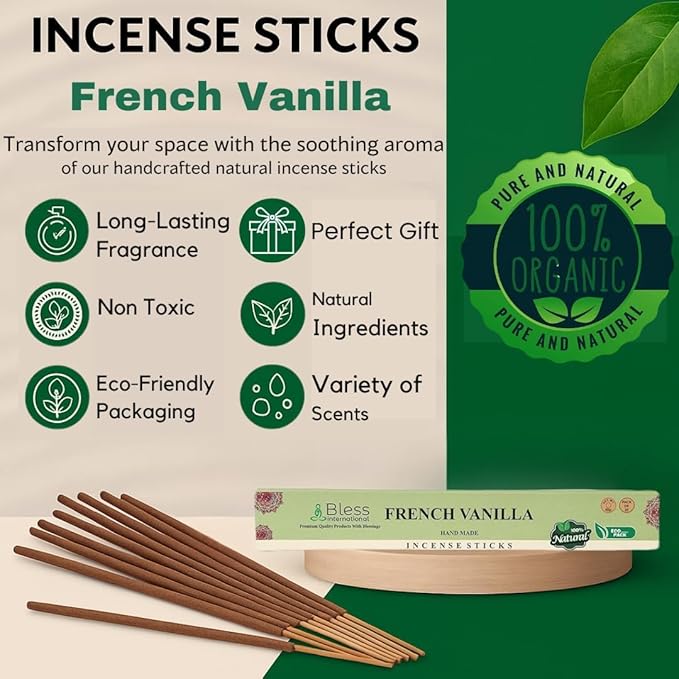 Bless-French-Vanilla 100%-Natural-Handmade-Hand-Dipped-Incense-Sticks Organic-Chemicals-Charcoal-Free Purification-Relaxation-Positivity-Yoga-Meditation Best-Woods-Scent (25 Sticks (1.4 OZ))
