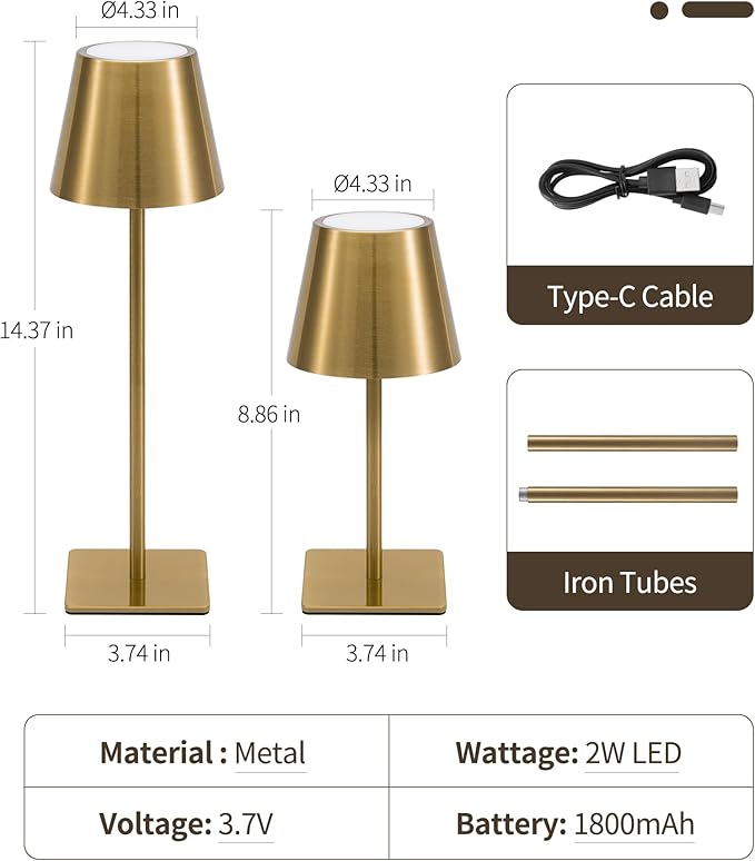 UME 6 Pack Cordless Table Lamp, Battery Operated Lamp - Portable Waterproof Rechargeable Table Lamp w/ 3 Color Temps & Stepless Dimming for Dinner, Desk, Cafe, Outdoor (Brushed Gold)