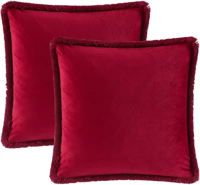 JUSPURBET Red Decorative Velvet Fringe Throw Pillow Covers 22x22 Set of 2 Boho Soft Cushion Case for Home Decor Living Room Couch Sofa Bed