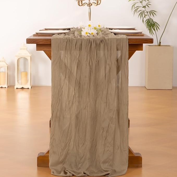 Socomi 6pcs Nude Brown Cheesecloth Table Runner Valentine's Day Boho Rustic Gauze 120 inch 10FT Cheese Cloth Runner for Wedding Party Baby Shower Birthday Home Decor Holiday Decorations