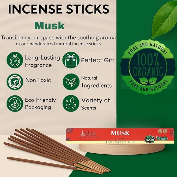 Bless-Musk 100%-Natural-Handmade-Hand-Dipped-Incense-Sticks Organic-Chemicals-Charcoal-Free Purification-Relaxation-Positivity-Yoga-Meditation Best-Woods-Scent (500 Sticks(26 OZ))