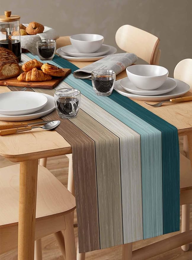 Teal Blue Brown Table Runner, Beach Cotton Linen Tablecloth Summer Holiday Farmhouse Table Decorations for Home,Kitchen,Dining Room,Indoor,Outdoor,18X72 Inches Long,Retro Rustic Barn Wood Texture