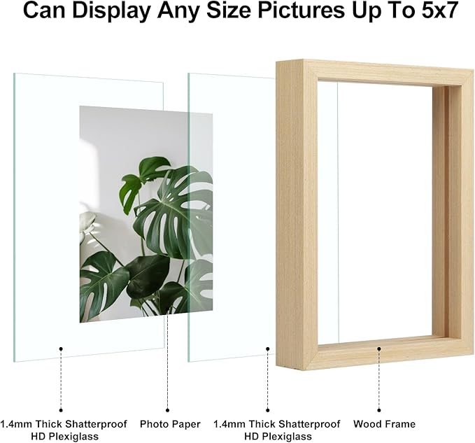 Egofine 5x7 Floating Frames Set of 2, Double Plexiglass Picture Frame, Made of Solid Wood Display Any Size Photo up to 5x7, Wall Mount or Tabletop Standing, Natural Wood