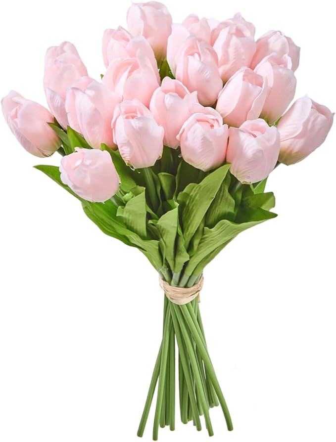 Artificial Flowers Mother's Day Easter Valentine's Day Gifts, Artificial Flowers Fake Tulips Flowers Home Kitchen Wedding Table Decorations a Bunch of 20 Light Pink Tulips
