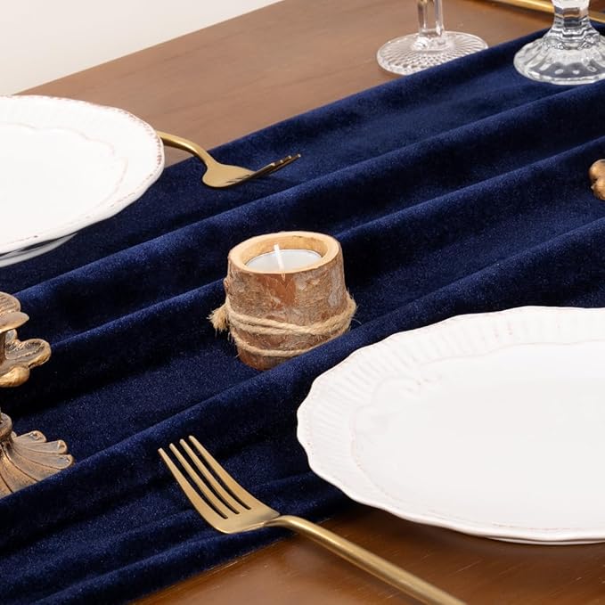 Socomi 2pcs Navy Blue Velvet Valentine's Day Table Runner Cloth Decor 20 x 120 Inches 10ft Fabric Luxurious Thanksgiving Wedding Runner for New Year Bridal Shower