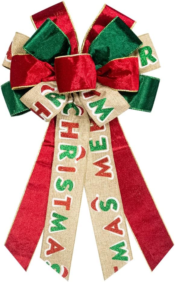 On-Airstore Large Christmas Wreath Bows, Christmas Words Velvet Ribbon Bows for Wreaths, Large Tree Topper Bows for Christmas Home Garden Indoor Outdoor Party Decoration Wreath Ornament Supplies