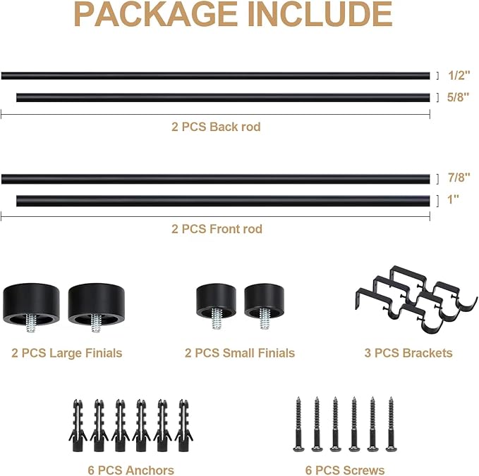 OLV Black Double Curtain Rods for Windows 36 to 72 Inch(3 to 6 Feet),1 Inch Adjustable Dual Curtain Rod, Heavy Duty Double Drapery Pole with End Cap Design for Living Room, Bedroom, Farmhouse
