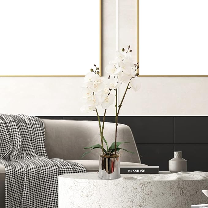 CXGS Artificial Orchid Flower Plant Real Touch Faux Orchids in Ceramic Vase White 19.7'' Fake Phalaenopsis Flower Arrangement Centerpiece Home Indoor Decor