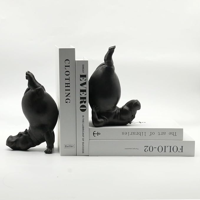 Lukitas Upside Down Hippo Decorative Bookends, Non-Slip Book Holders, Whimsical Animal Ornaments for Office Home Bookshelf Decor, Black, Resin 8.5''