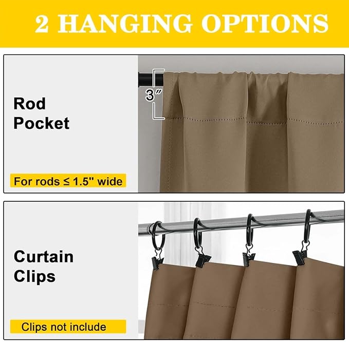 Brown Blackout Curtains for Bedroom Living Room 96 Inches Long 2 Panels, Soft Solid Room Darkening Thermal Insulated Window Treatments, Rod Pocket Curtain, Brown, Each 40" Wx96 L