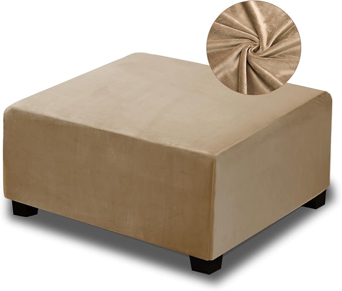 NeColorLife Ottoman Cover Velvet Storage Ottoman Slipcover Thick Stretchable Footrest Stool Covers with Elastic Band for Rectangle and Square Ottoman(Medium Size,Camel)