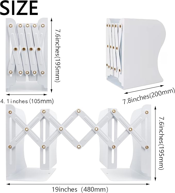 Adjustable Metal Bookends Heavy Duty for Shelves, 2 Dividers, Anti-Slip Design Expandable Book Ends for Desk, Office(White, 19 inches Max)