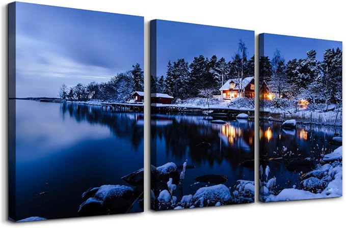 Snow in winter Wall Art for living room Canvas Prints Artwork bathroom Wall Decor Quiet blue lakes and villages painting 3 Pieces Framed bedroom wall decorations Office Home Decor